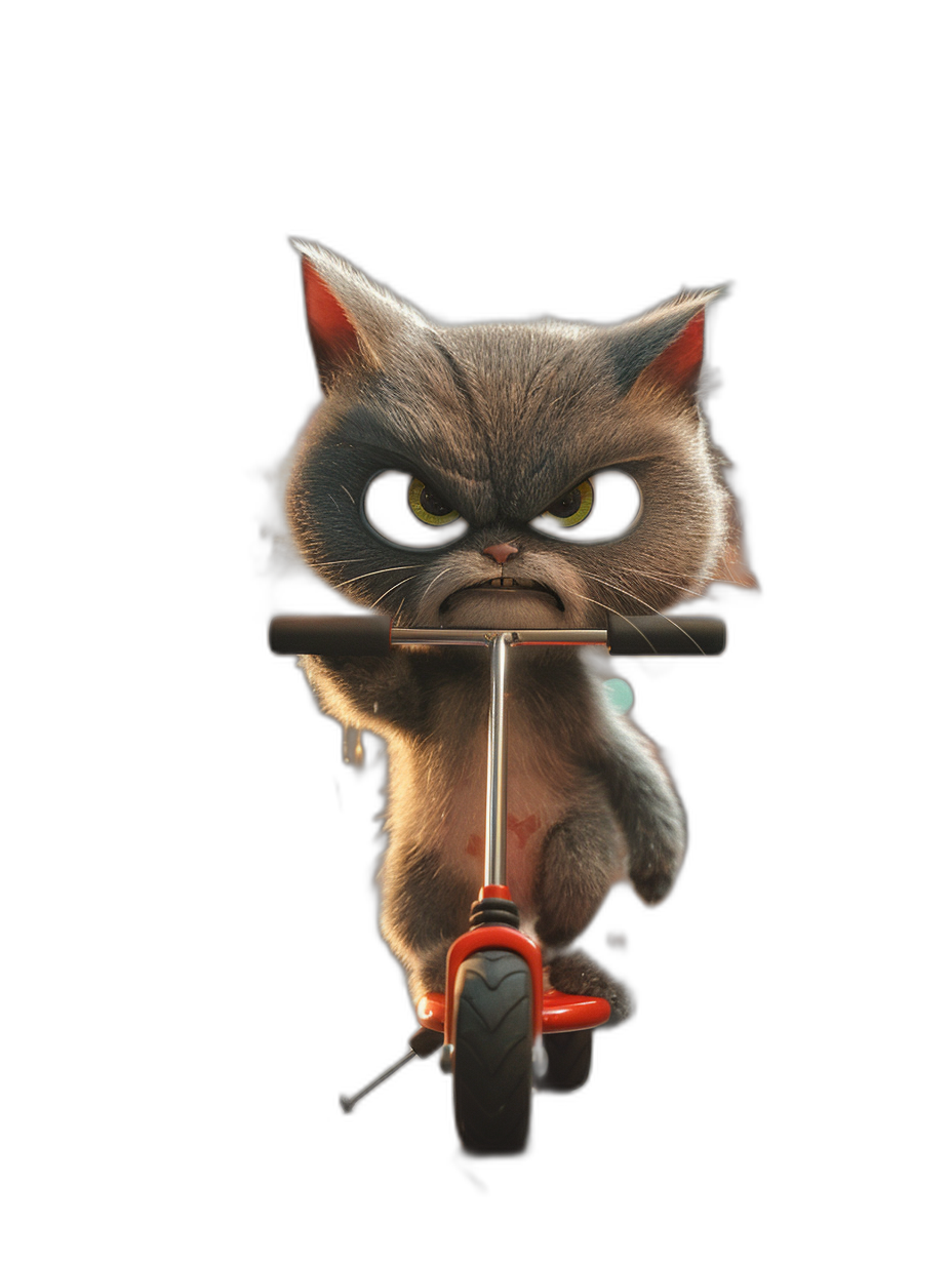 3D render of a cute cat riding a scooter with angry eyes against a black background, in the style of Pixar.