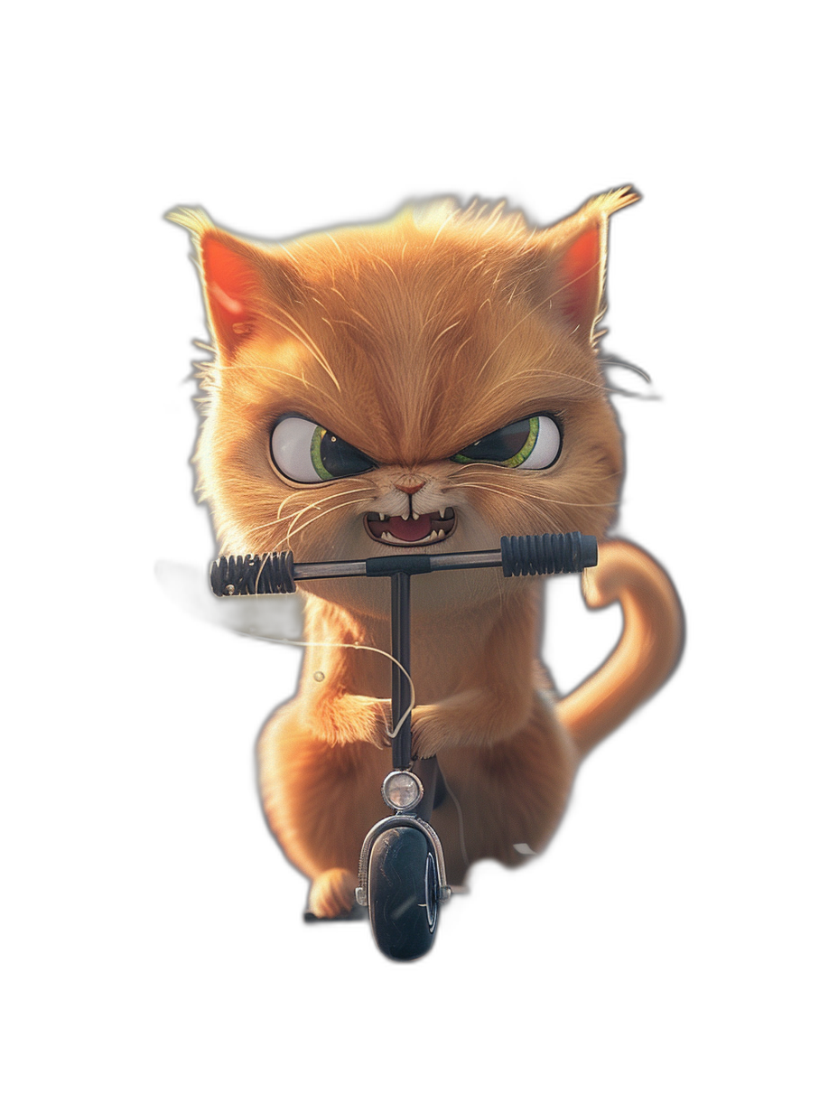 Cute cat riding scooter, angry expression, black background, cartoon style, high definition, high resolution, in the style of Pixar and in the style of Disney animation styles