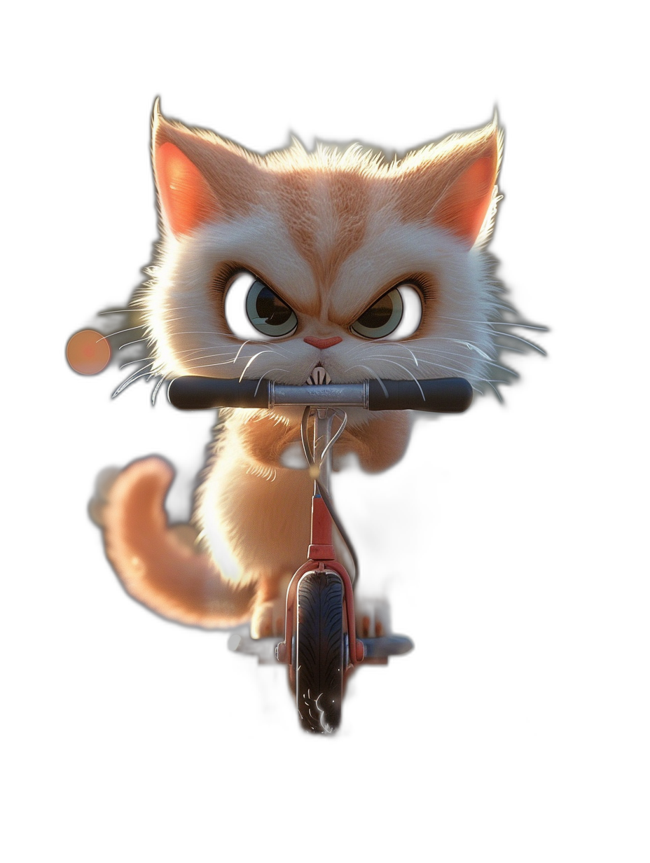 3D render of a cute kitten riding a scooter with angry eyes in the style of a cartoon, isolated on a black background, resembling Pixar animation with high resolution, using Octane rendering and the Unreal engine, featuring bright colors and volumetric lighting, with a detailed fur texture and playful character design that is simple and clean.