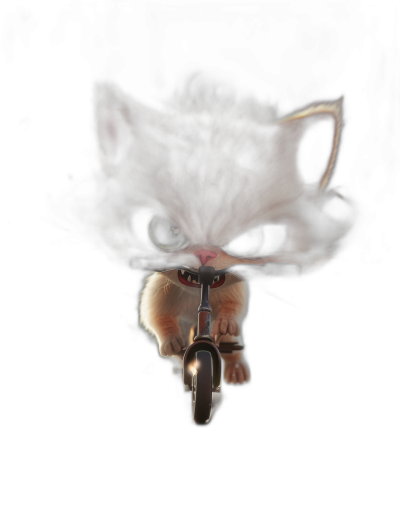 3D render of a cute kitten riding a scooter with an angry facial expression showing teeth, on a black background with rim lighting and soft shadows at low contrast and clean sharp focus, in the illustration style of Pixar and Disney, with a cinematic style.