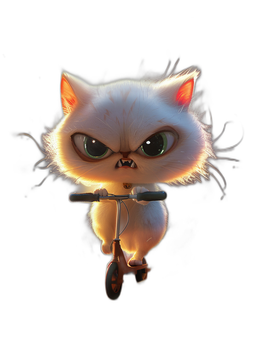 A cute white cat with big eyes standing on two legs riding an electric scooter glowing in the dark in the style of Pixar on a black background, a perfect detailed full body portrait with movie lighting and perfect composition as an ultra-high resolution high-definition wallpaper rendered in octane.