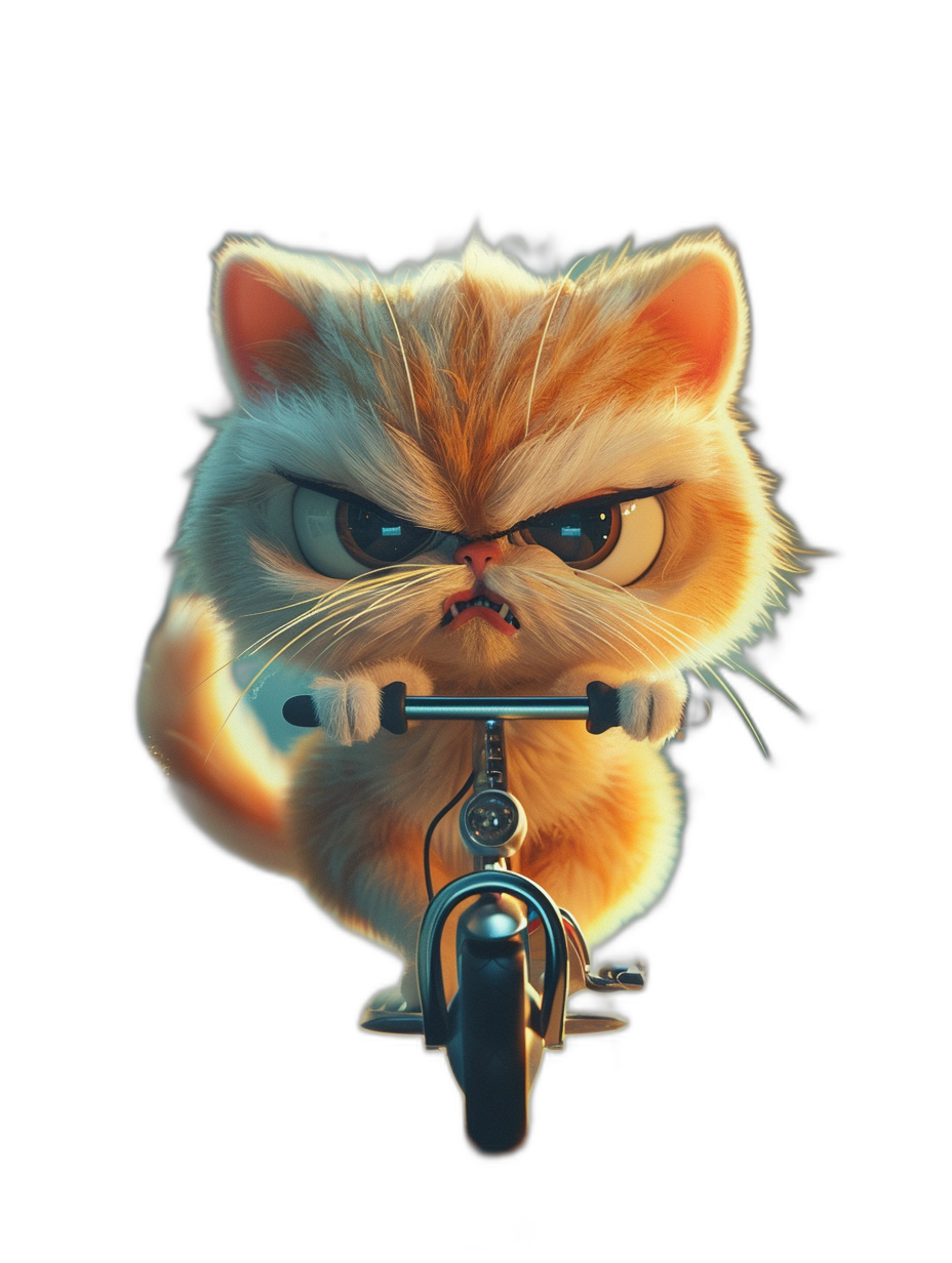 A cute Persian cat with an angry face riding on a scooter in the style of a cartoon, 3D rendered in full body shot against a black background, with a cute character design suitable for a mobile wallpaper, trending on Art Station in a cinematic style.