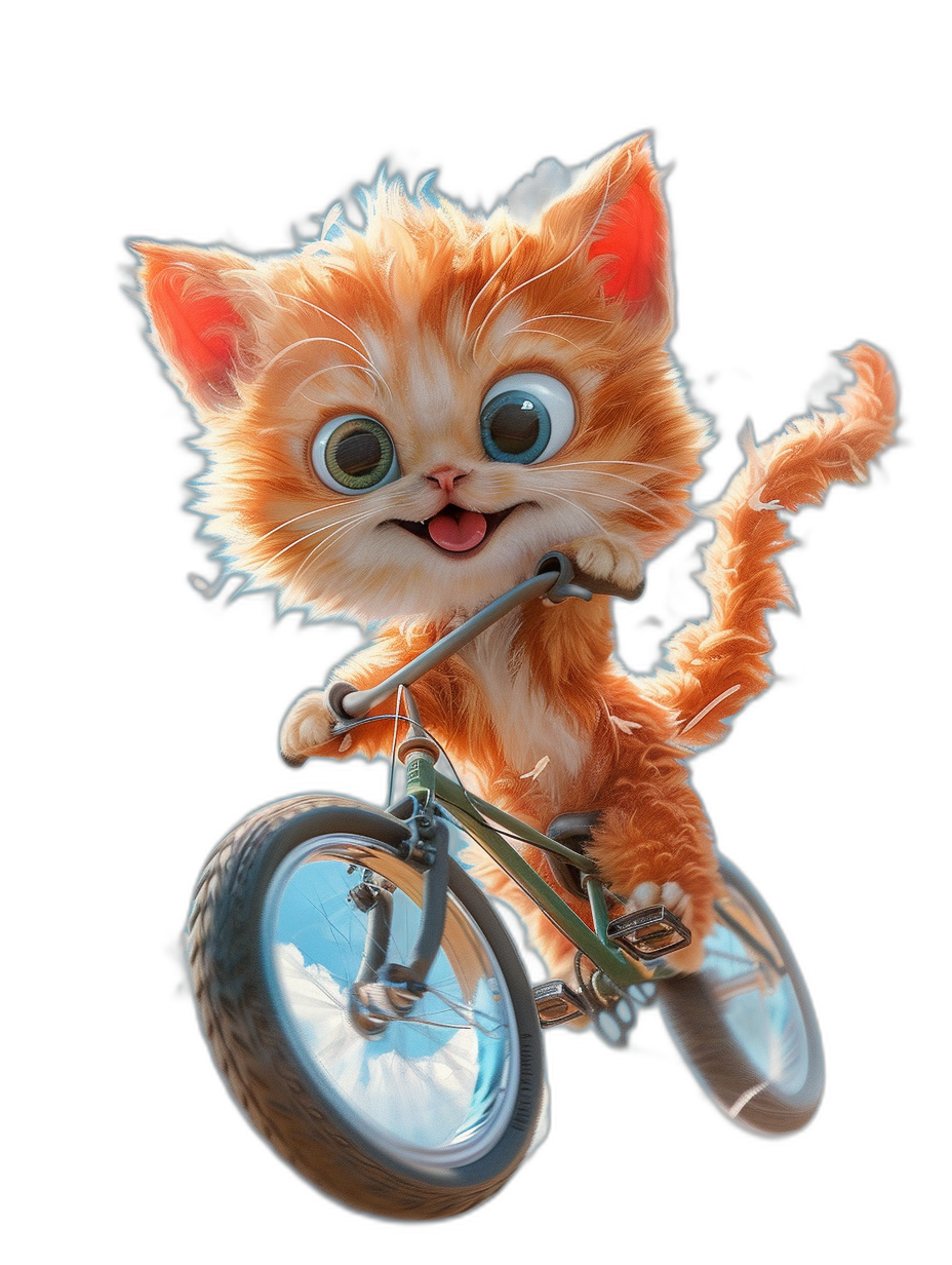 Cute orange cat riding on the front wheel of a bicycle, in the style of Pixar, black background, cartoon character design, big eyes, a happy expression, a playful and lively posture, colorful fur, high definition details.