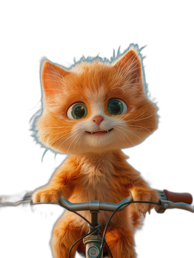 A cute orange cat riding on the front of a bicycle, with big eyes and a smiling expression, against a pure black background, in the style of Pixar. High definition photography with movie light effects and details. Octane rendering with movie lighting and 3D effects. Utilizing Unreal Engine 5 with high resolution, detail, and quality.