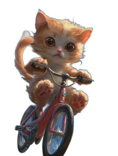 A cute happy baby cat riding on a bike in the style of Pixar studio, in a cartoon style with a black background, a full body shot, concept art, with detailed fur and detailed eyes, from the front view.