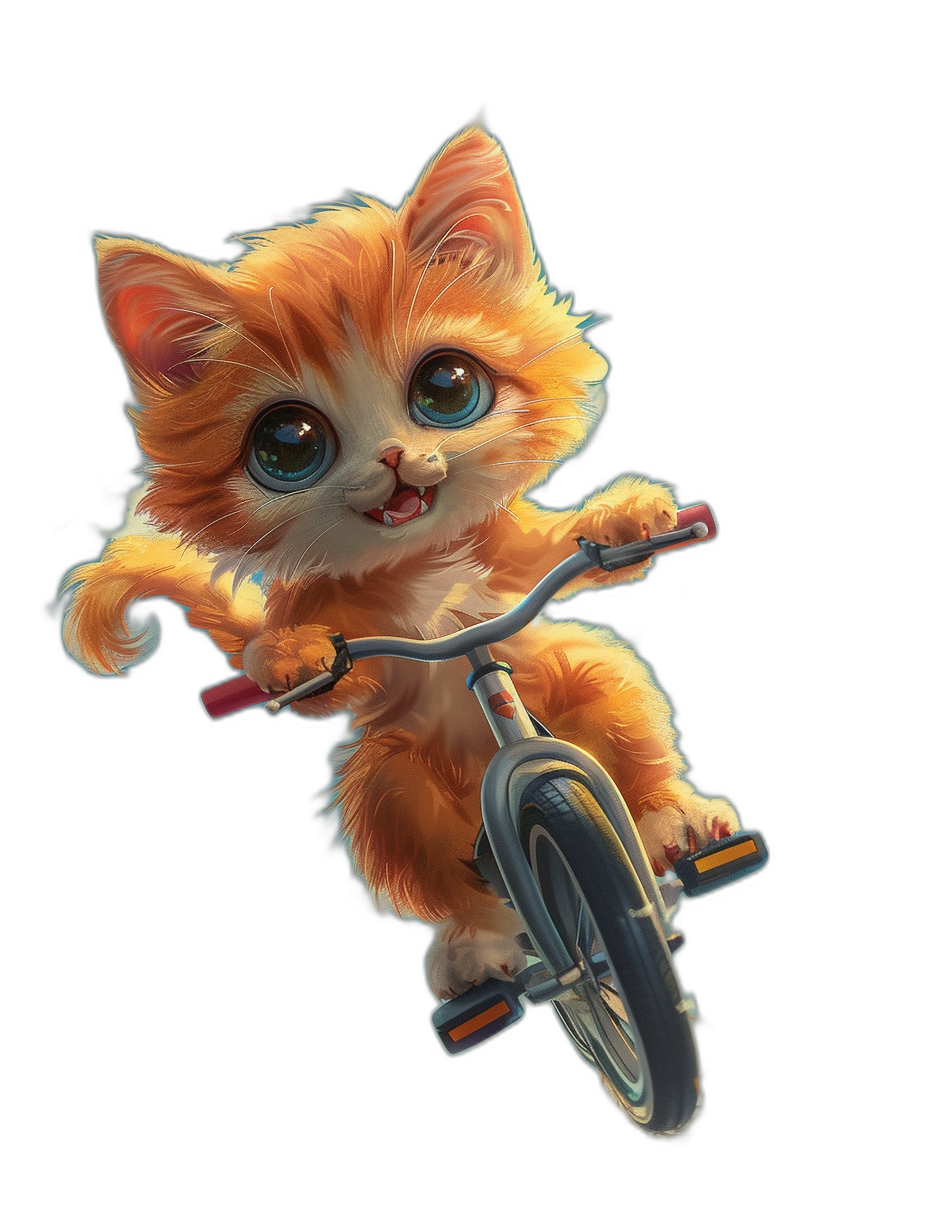 Cute orange kitten riding on the front wheel of a bicycle against a black background, in the style of Disney and Pixar, with adorable big eyes, in a wide angle shot, as a full body portrait photograph, with volumetric light.