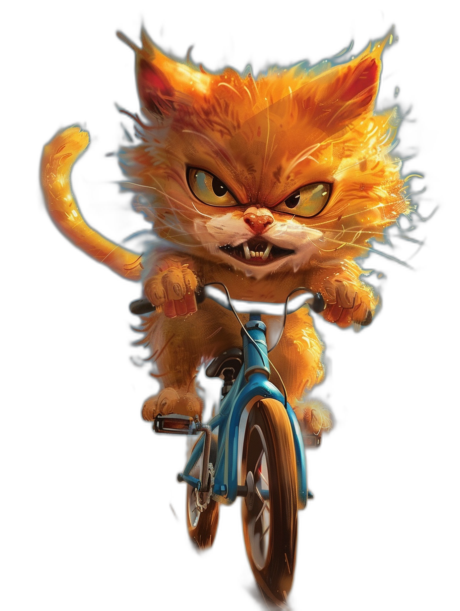 character design of an angry orange cat on a unicycle, in the style of chibi characters, with vibrant colors, in a cartoonish design, on a black background, as a digital painting, showing the full body in a wide shot, with a blue bike frame, yellow eyes, the cat is looking at the camera with a fierce expression, the cat has sharp claws and a furrowed brow, with its hair blowing in the wind, in high resolution.