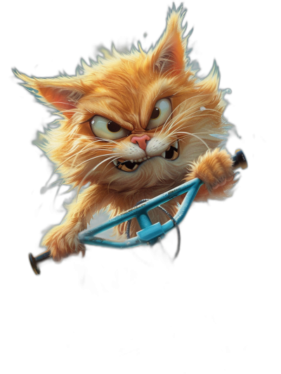 realistic digital illustration of an angry ginger cat holding a blue bicycle, in the style of Pixar Animation Studio, on a black background, full body portrait, with cinematic lighting, in a cinematic shot