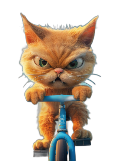 Cute orange cat with an angry expression standing on the blue handlebars of a bike with a black background, in the style of Pixar, in the Disney cartoon style, high definition