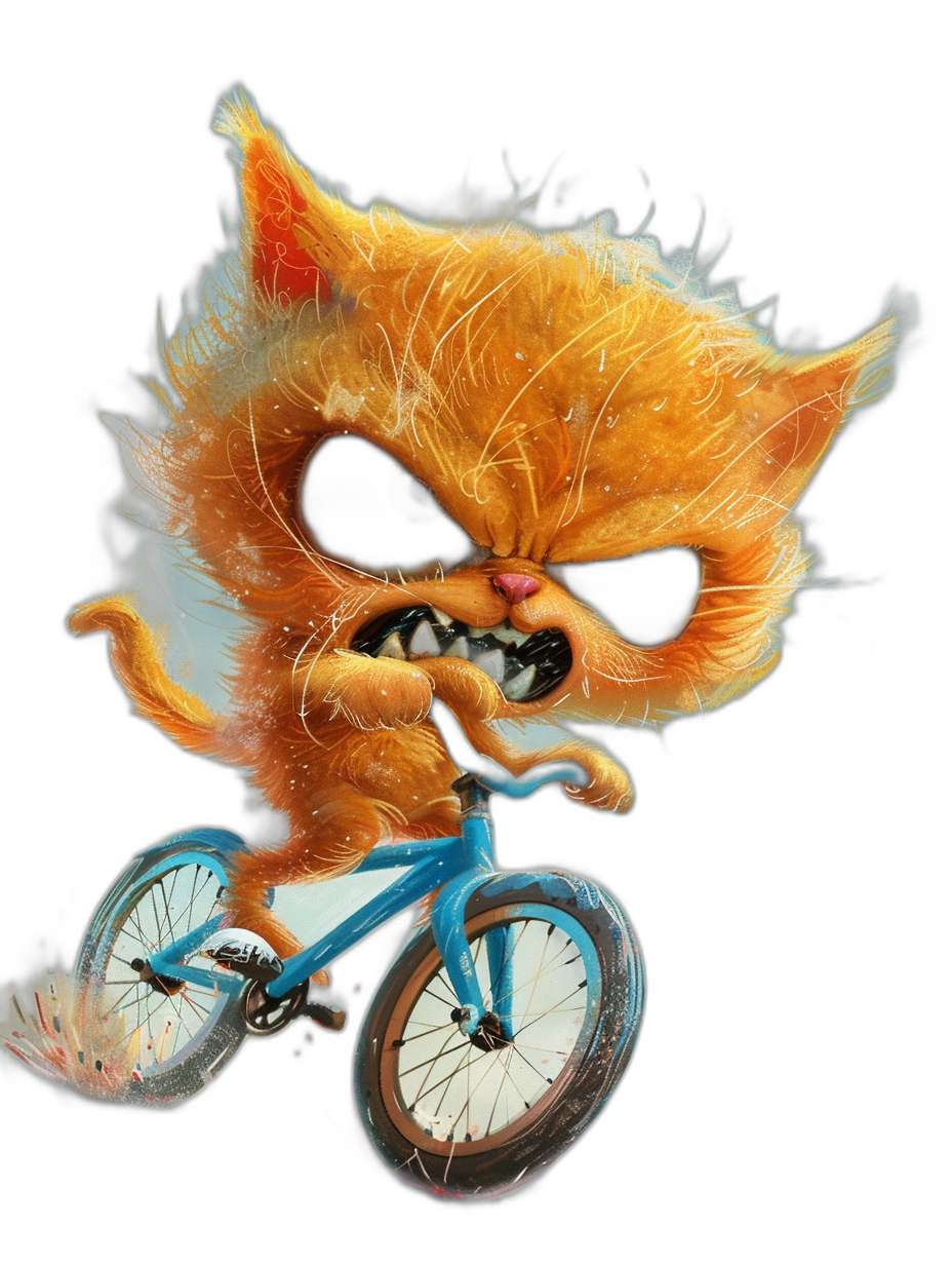 angry, cute fluffy orange cat riding a blue bicycle with big eyes in the style of digital airbrushing on a black background, with very detailed artwork.