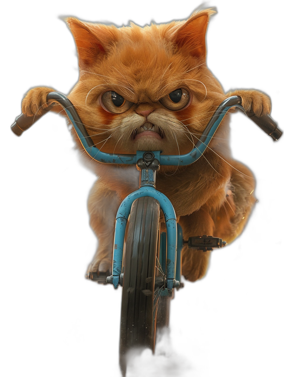 front view of an angry orange cat riding on the front blue bicycle, ultra realistic photography, black background