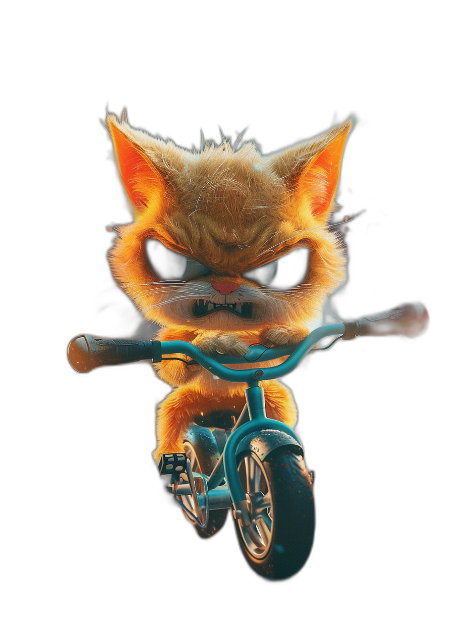 Cute fluffy cat riding an electric bike with an angry face on a black background, in the style of Pixar, with a cute character design, 3D rendered with octane rendering and ambient lighting using blue and orange colours at high resolution and high detail in a hyper realistic style.