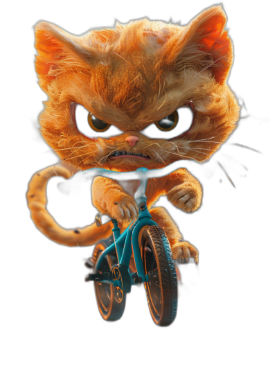 evil angry cute kitten on bicycle, in the style of Disney, cartoon character, black background, cute adorable, fluffy tail, big eyes, adorable pet portrait, octane render