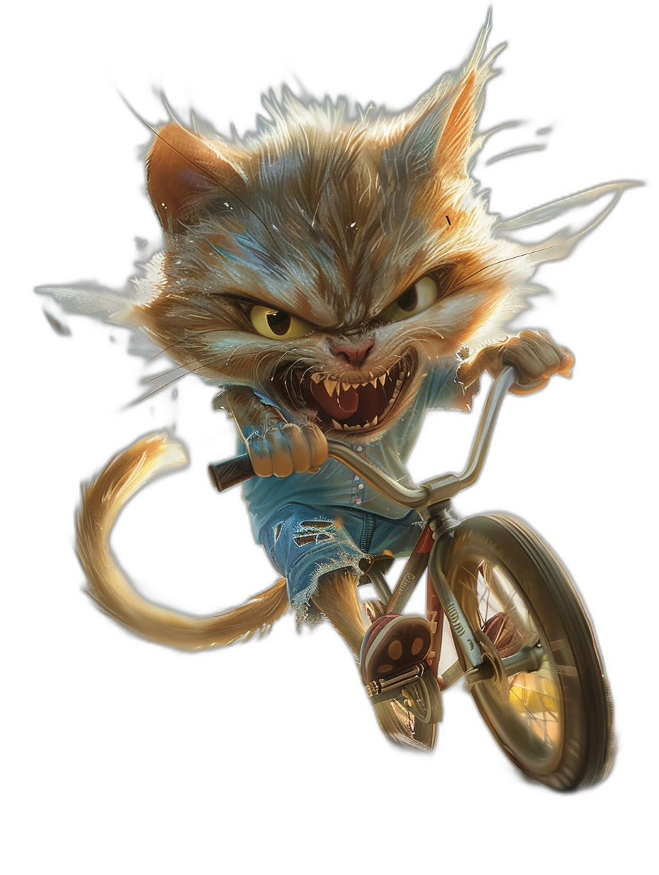 A realistic and very detailed painting of an angry cheshire cat BMX rider with white fur in full speed, in the style of a digital artist, with an isolated black background, in a portrait view.