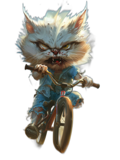 evil grinning cat character with a blue ripped shirt and white fur, riding on a bicycle in the fantasy style, cartoon, black background, digital art in the style of [Atey Ghailan](https://goo.gl/search?artist%20Atey%20Ghailan), J Scott Campbell, and [James Jean](https://goo.gl/search?artist%20James%20Jean) and [Peter Mohrbacher](https://goo.gl/search?artist%20Peter%20Mohrbacher)