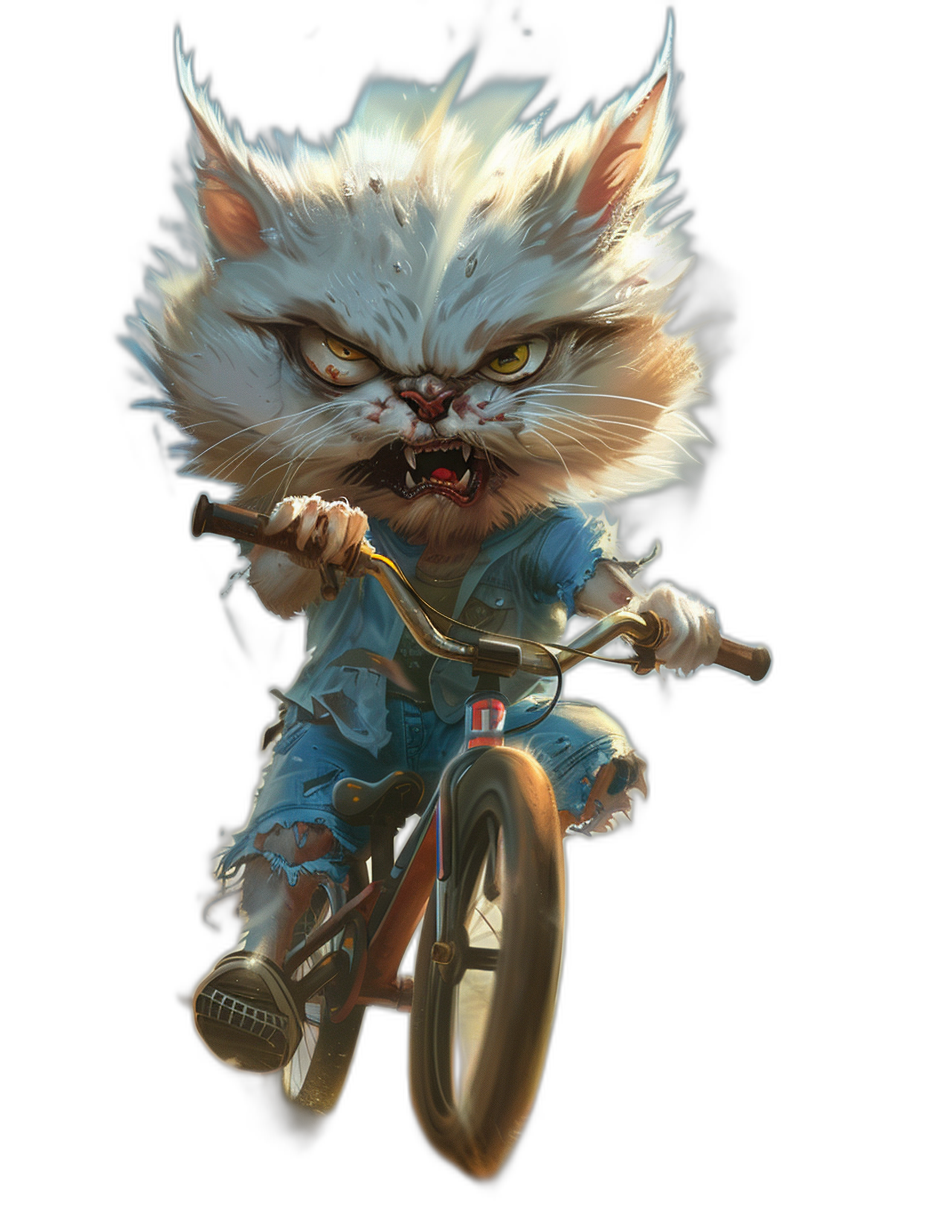 evil grinning cat character with a blue ripped shirt and white fur, riding on a bicycle in the fantasy style, cartoon, black background, digital art in the style of [Atey Ghailan](https://goo.gl/search?artist%20Atey%20Ghailan), J Scott Campbell, and [James Jean](https://goo.gl/search?artist%20James%20Jean) and [Peter Mohrbacher](https://goo.gl/search?artist%20Peter%20Mohrbacher)