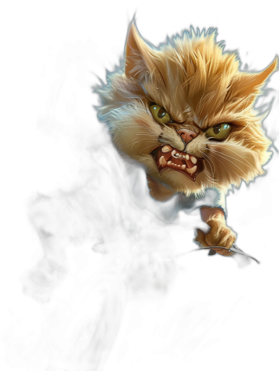 realistic rpg digital painting headshot of a snarling, angry yet cute yellow cat tabaxi rogue in dark  in an action pose on a black background, in the style of tabaxi rogue.