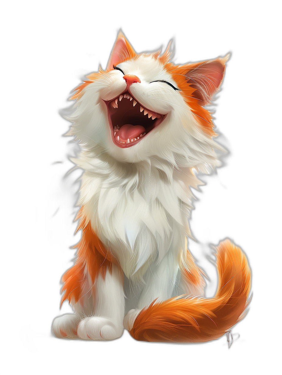 Illustration of an orange and white cat smiling in a cartoon style. The design has a Disney Pixar character style on a black background. It is a digital art fantasy game concept art piece that trended on Artstation. A full body image of a cute kitten with furry feline features, a fluffy tail, and a happy expression with a cute smile and cute pose.