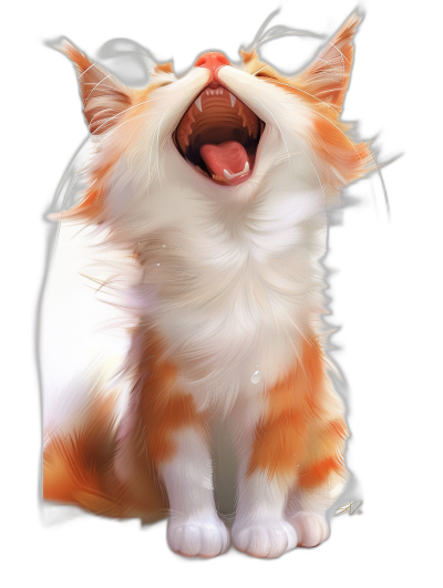 An orange and white cat, cute, laughing with mouth open, in the style of anime, black background, digital art