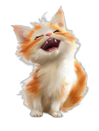 A cute orange and white kitten laughing in the style of a 3D rendering, in the style of Disney cartoon, on a pure black background.