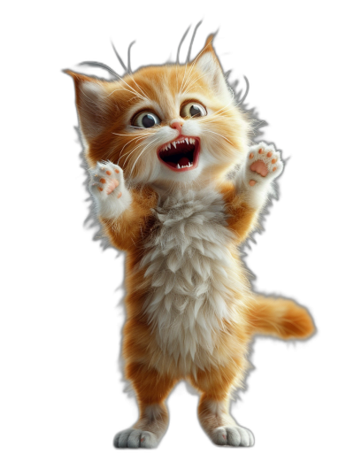 A cute orange and white kitten, standing on its hind legs with both front paws raised in the air, laughing at something funny against a black background, in the style of Pixar, in the style of Disney, a 3D rendering, with high resolution, high detail, high quality, high definition, hyper realistic, hyper detailed.