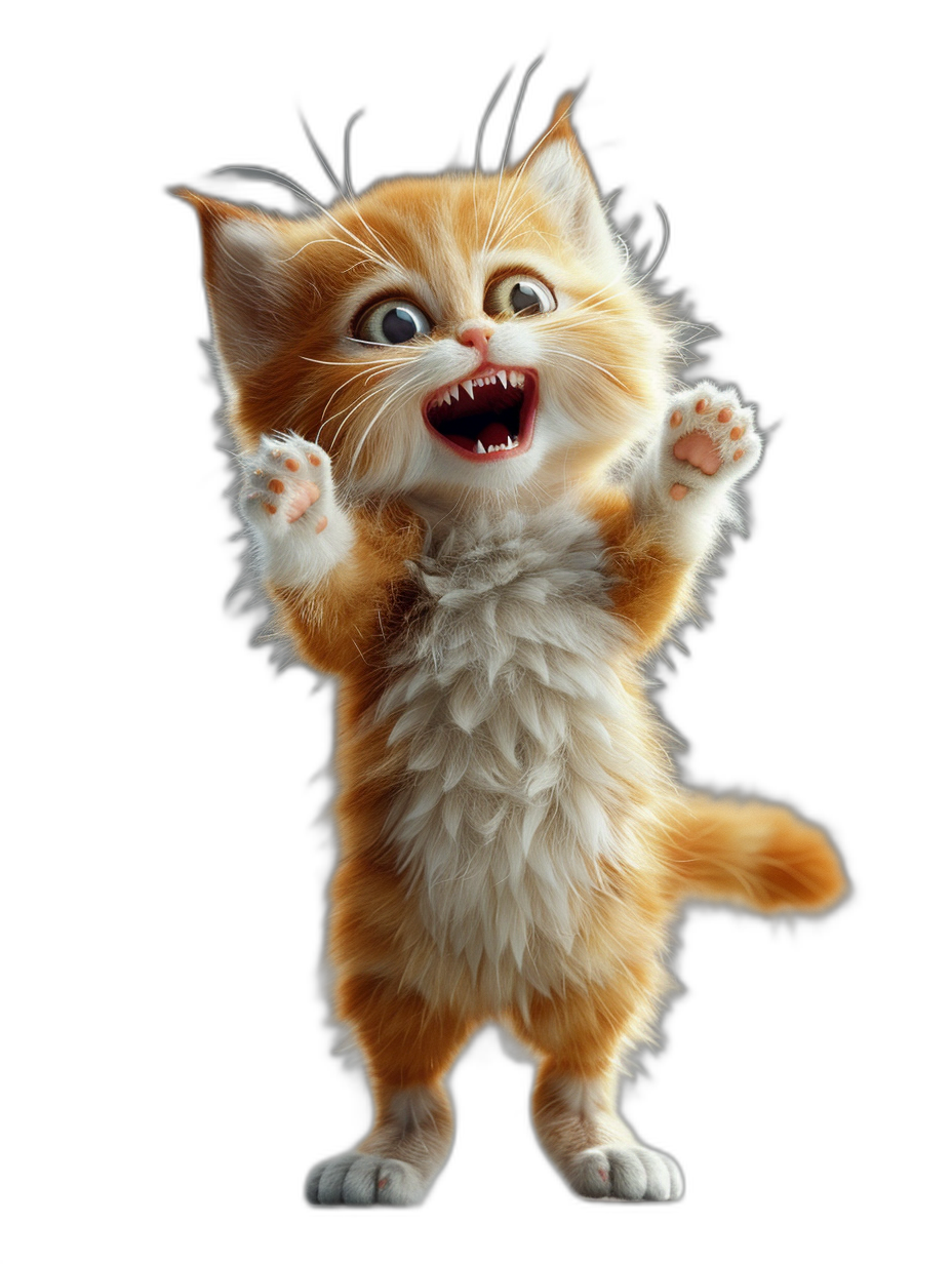 A cute orange and white kitten, standing on its hind legs with both front paws raised in the air, laughing at something funny against a black background, in the style of Pixar, in the style of Disney, a 3D rendering, with high resolution, high detail, high quality, high definition, hyper realistic, hyper detailed.