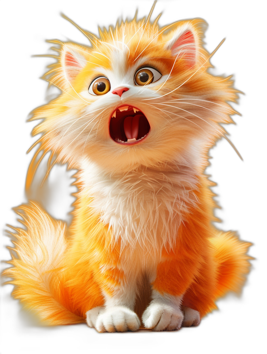 A cute fluffy orange and white cat with big eyes, its mouth open in laughter, sitting on a black background, in the style of Disney Pixar, high resolution, colorful, with detailed fur, a cute cartoonish character design, digital art, high definition.