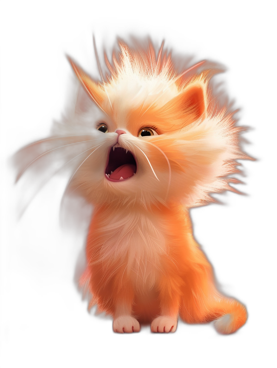 digital art of a cute kitten with a playful character design standing on a black background. The cute cat has its mouth open showing its white teeth with fluffy, long fur and soft pastel colors covering its full body. The digital painting and drawing is in the style of a cinematic light with high resolution.