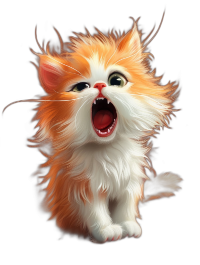 realistic digital airbrushed illustration of an adorable fluffy orange and white kitten howling with its mouth open, on a black background, cute, beautiful. The illustration is in the style of an airbrushed digital artwork.