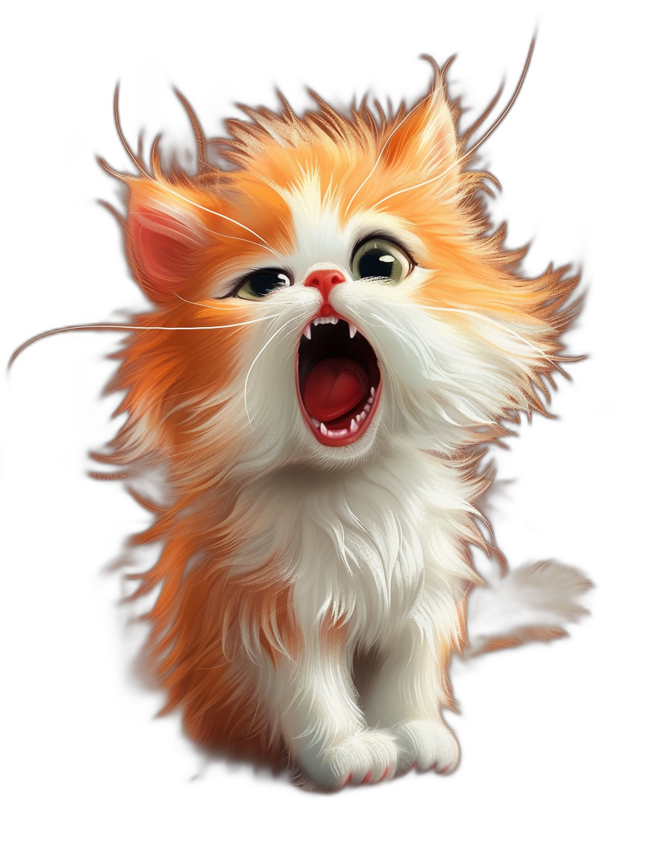 realistic digital airbrushed illustration of an adorable fluffy orange and white kitten howling with its mouth open, on a black background, cute, beautiful. The illustration is in the style of an airbrushed digital artwork.