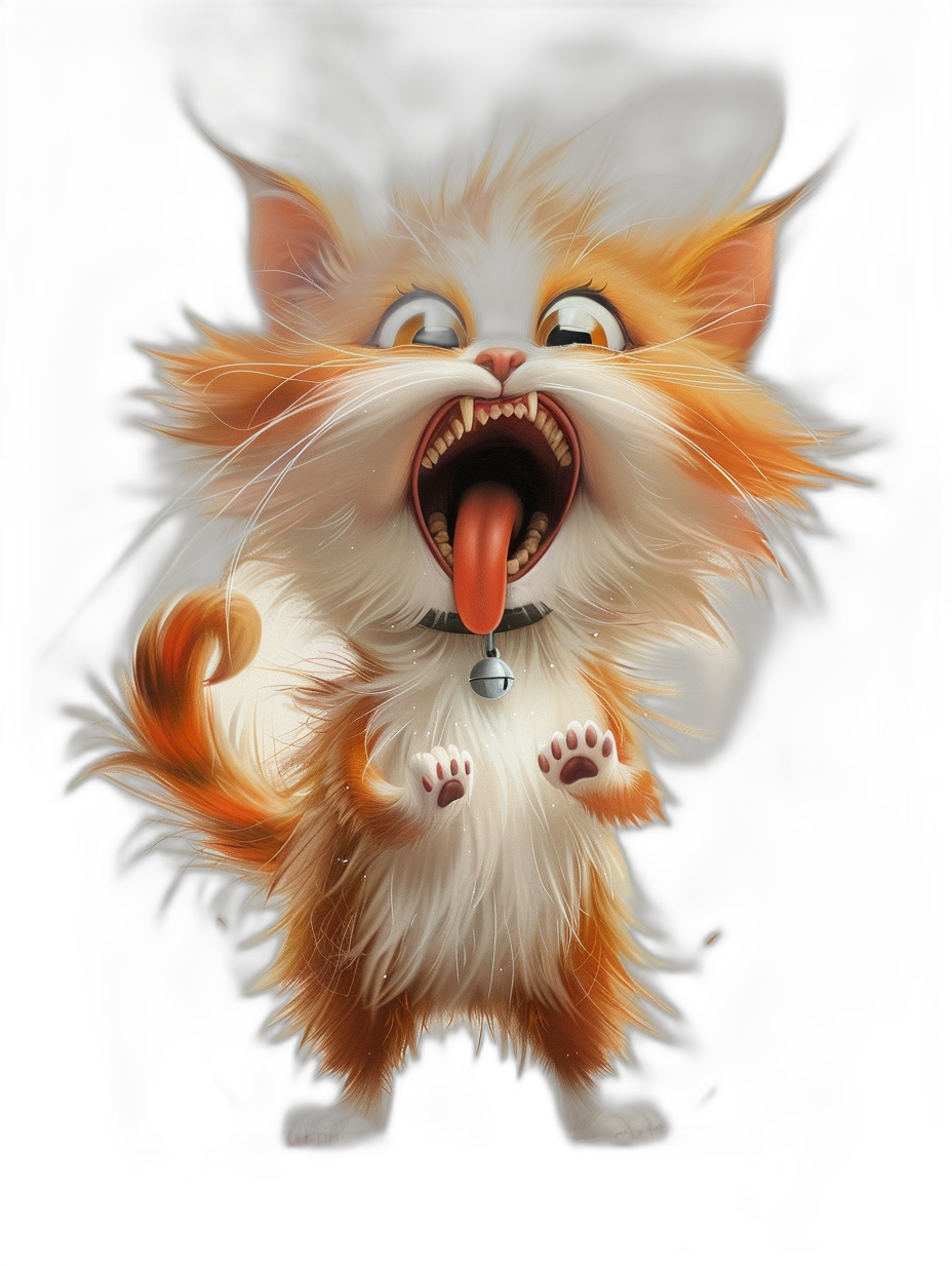 An illustration of the cat that yells, in the style of caricature, in the style of Disney cartoon, with white and orange fur, a big head with tongue out, a small body, on a black background, digital art, a full shot