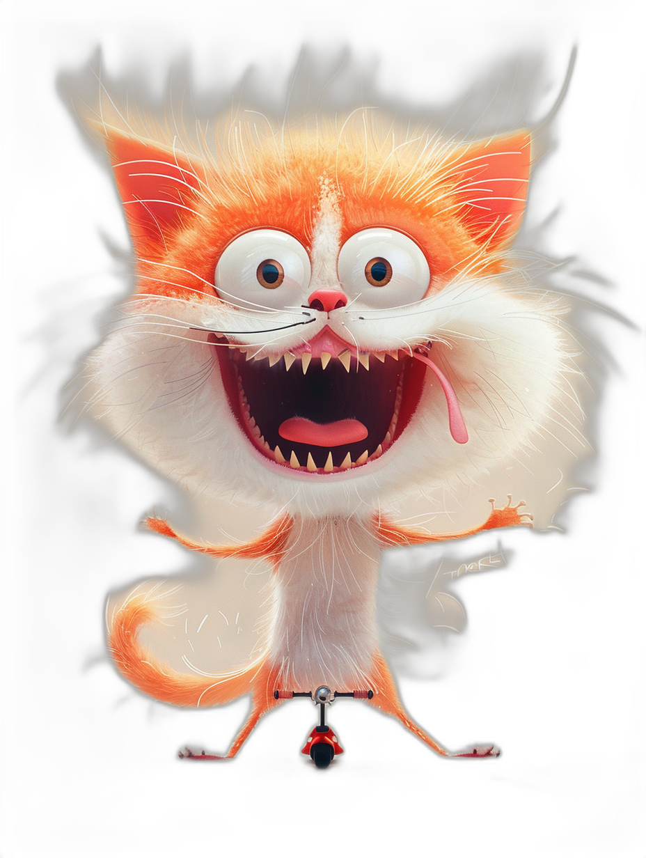 A cute happy orange and white fluffy cat with big expressive eyes, standing on two legs laughing hard, with its long tongue sticking out from its mouth and white smoke coming from behind its head against a black background, in the style of Disney Pixar character design.