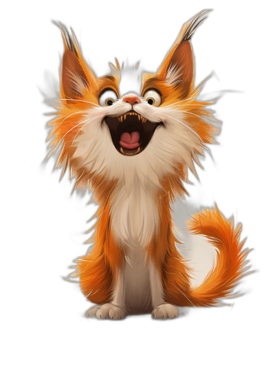 Smiling, cute and adorable cartoon cat with long hair in the style of digital art on a black background, full body, orange fur color with white highlights, fantasy character design, smiling face with an open mouth wide, white beard.