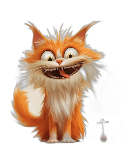 Character design of an orange and white fluffy cat with big eyes, smiling with teeth showing, holding a tiny key in its mouth, black background, cartoon style, digital art in the style of Pixar studio, cute, simple, full body portrait, long hair in the wind, happy face expression, character concept art, trending character designs in the style of Pixar, digital art, 3D render.