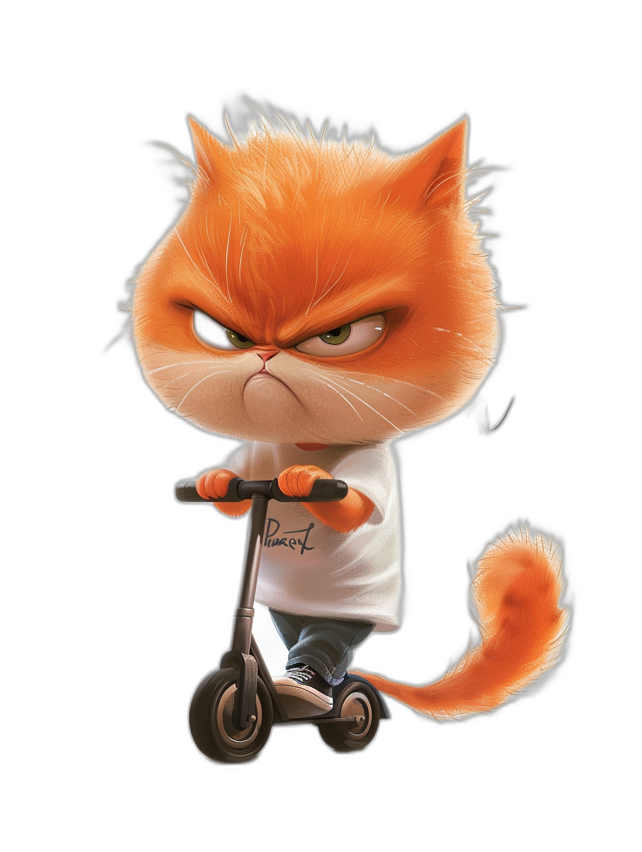 grumpy orange cat in a white t-shirt riding an electric scooter, with an angry face, in the style of Pixar, on a black background, at a high resolution, and of high quality