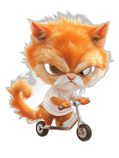 Cute orange cat riding a scooter wearing a white t-shirt with a black background, with an angry facial expression, fluffy fur, in the style of Pixar with a character design, adorable expression, 3D cartoon illustration, high resolution, detailed and intricate with details, super cute and kawaii