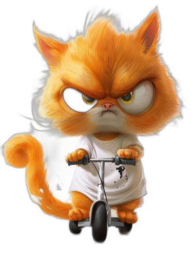 grumpy orange cat with a black eye, wearing a white t-shirt and riding an electric scooter, in the style of caricature art, solid dark background color, high resolution