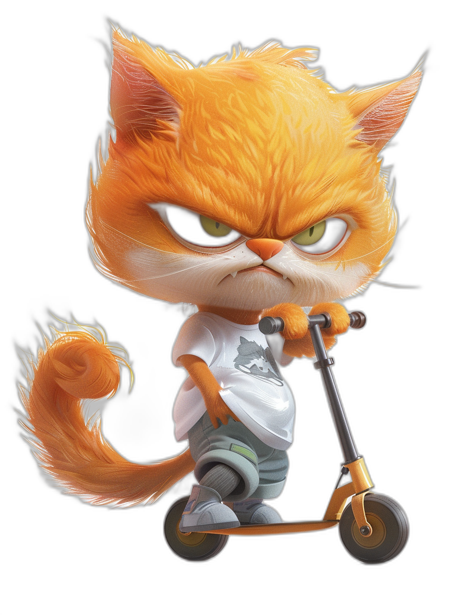 grumpy orange cat cartoon character wearing a white t-shirt and jeans riding a scooter, black background, in the style of chibi with big eyes, cute pose, artstation