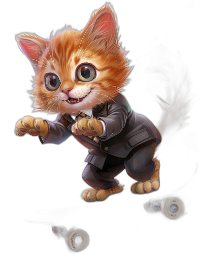 digital art of a cute kitten, wearing a suit and jumping on roller skates against a black background, with a big head and small body, a happy face with beautiful eyes, in the style of big head and small body.