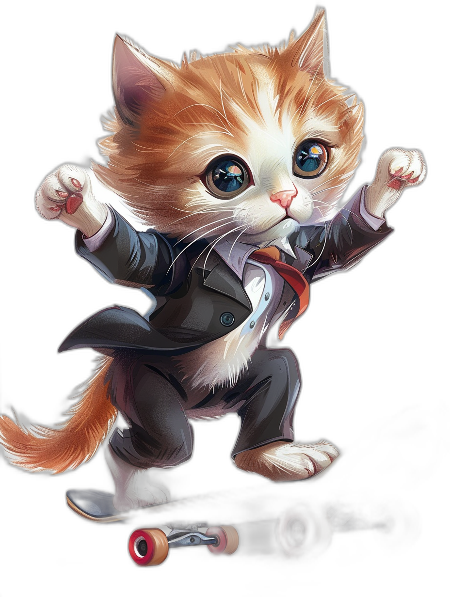 Cute fat orange and white kitten in a suit, blue eyes with silver pupils, furry body, playing skateboard on a black background, in the style of a black tuxedo with a red tie, cartoon style, digital art, high resolution, without shadows, professional lighting