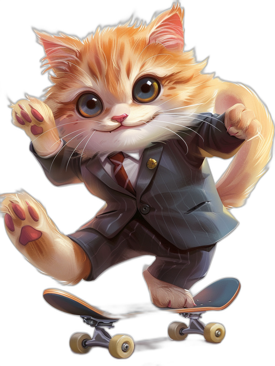 A cute ginger cat in a suit and tie, riding on a skateboard, vector illustration in the style of [Artgerm](https://goo.gl/search?artist%20Artgerm), black background, cartoon character design, full body portrait, head to toe.