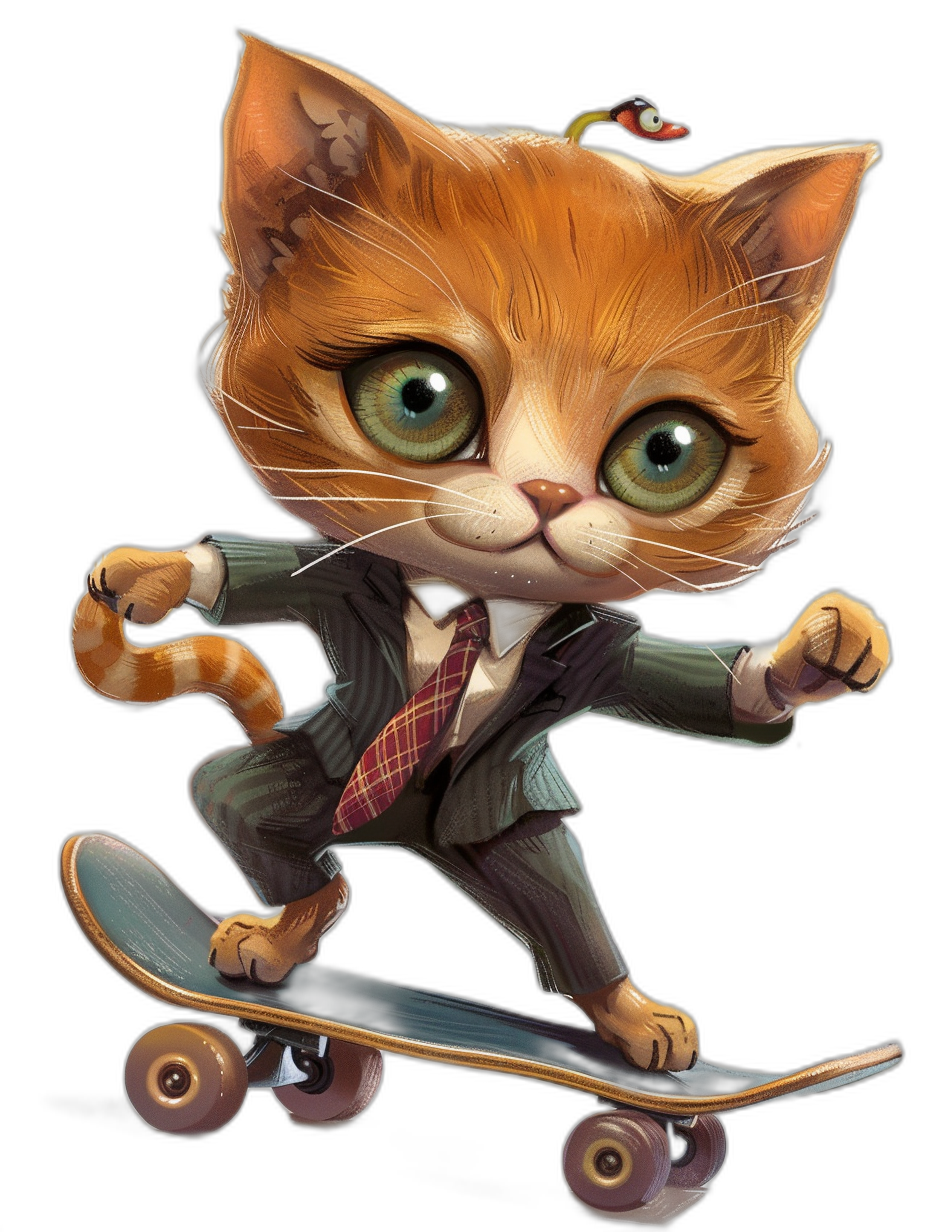 A cute ginger cat in a suit and tie, riding on a skateboard with green eyes against a black background in a chibi style. Digital art in the style of rossdraws using a digital airbrushing technique as a full body portrait of surrealistic cartoons with anthropomorphic character designs and hyper-realistic animal illustrations.