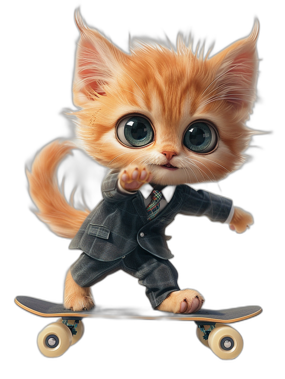 digital art of cute kitten , wear suit and tie, skating on skateboard black background , big eyes, lovely expression