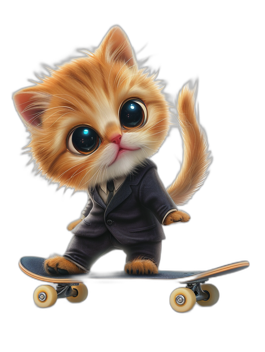 Cute cartoon kitten in a suit riding on a skateboard, with large eyes, in the style of a vector illustration, on a black background, with 3D rendering, at a high resolution, with professional lighting and photography, in