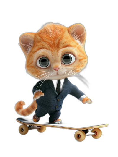 Cute orange cat in a suit riding on a skateboard, big eyes, black background, in the style of Pixar, in the style of Disney cartoon character, cute, full body shot, 3D rendering, studio lighting, high definition