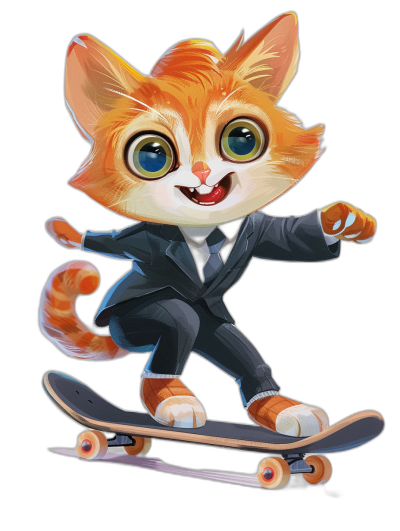 a cute cartoon cat in suit, riding on skateboard , black background, front view, big eyes, lovely appearance