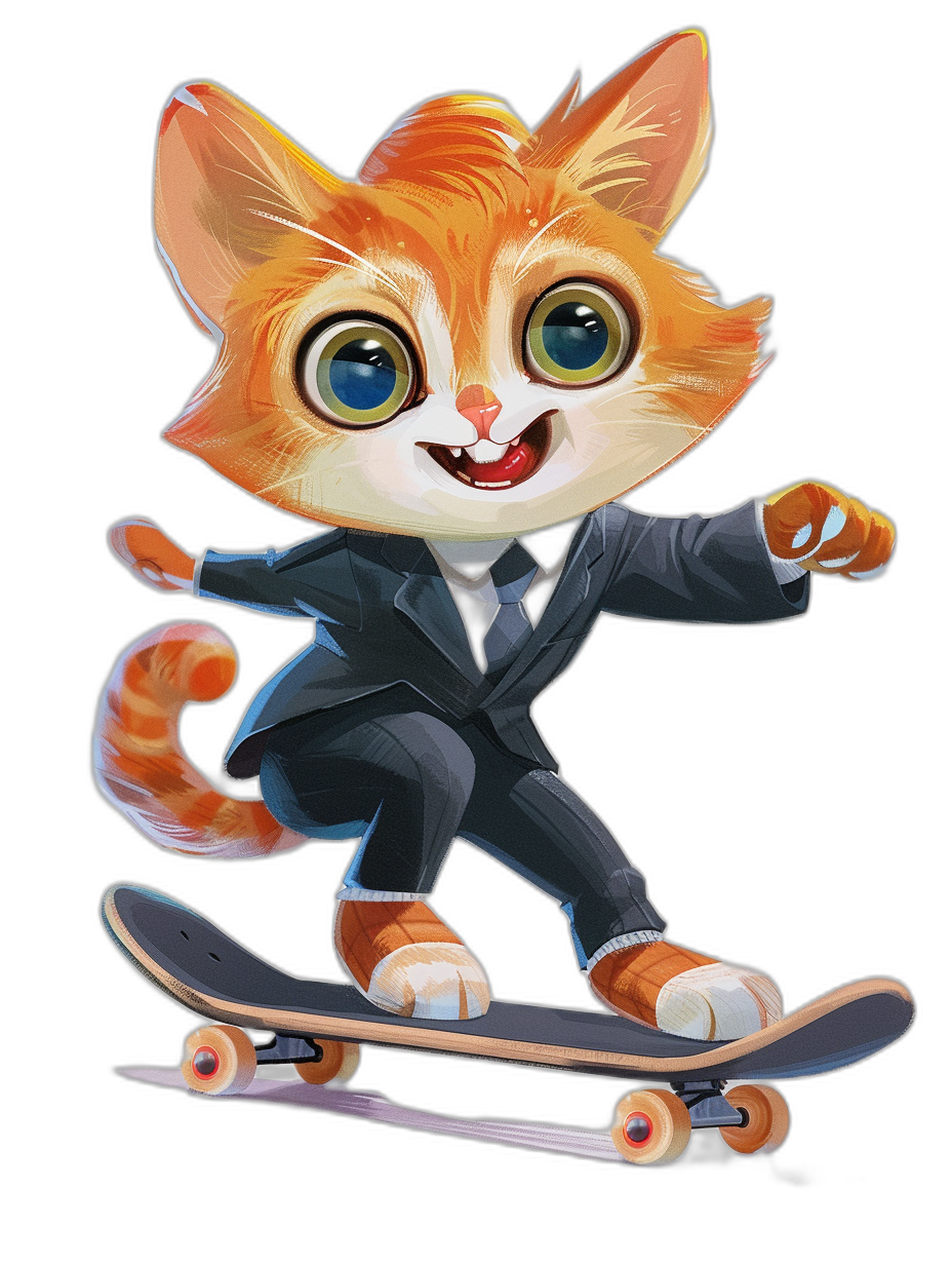 a cute cartoon cat in suit, riding on skateboard , black background, front view, big eyes, lovely appearance