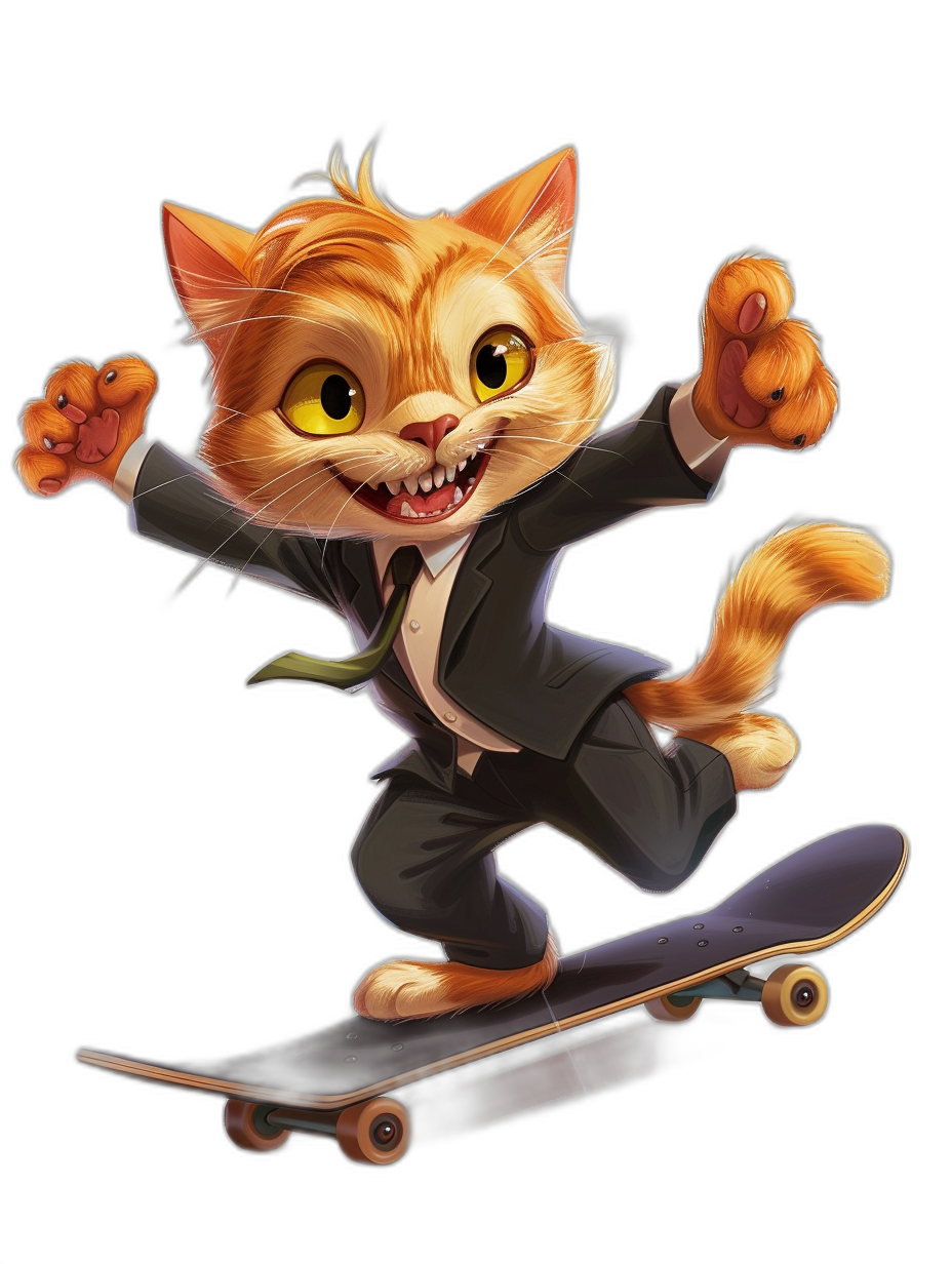 Cute cat cartoon character in a suit, riding on a skateboard, smiling with a happy expression, exaggerated hand movements, full body portrait, black background, lively action pose, detailed fur texture, yellow eyes, high definition.