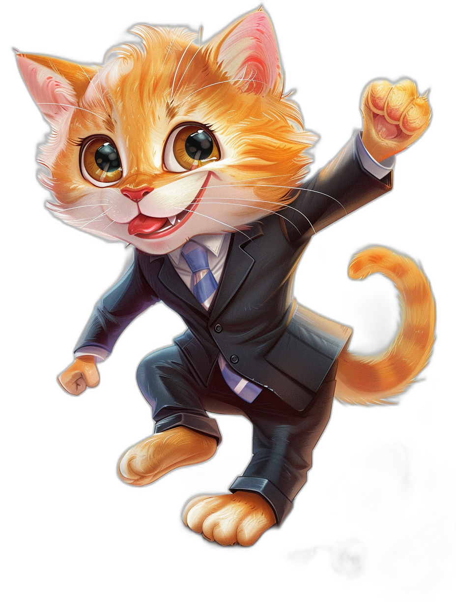 A cute happy orange cat in a business suit is jumping and smiling, in the style of anime character design with a black background, high resolution, high detail, concept art for a mobile game.