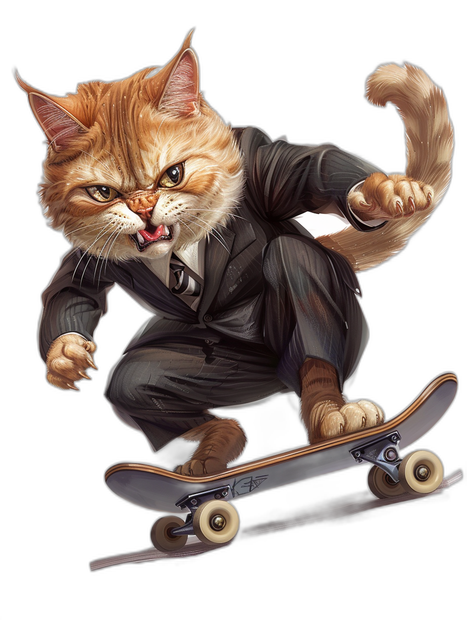 realistic digital illustration of an angry ginger cat in suit, riding on skateboard, black background, character design